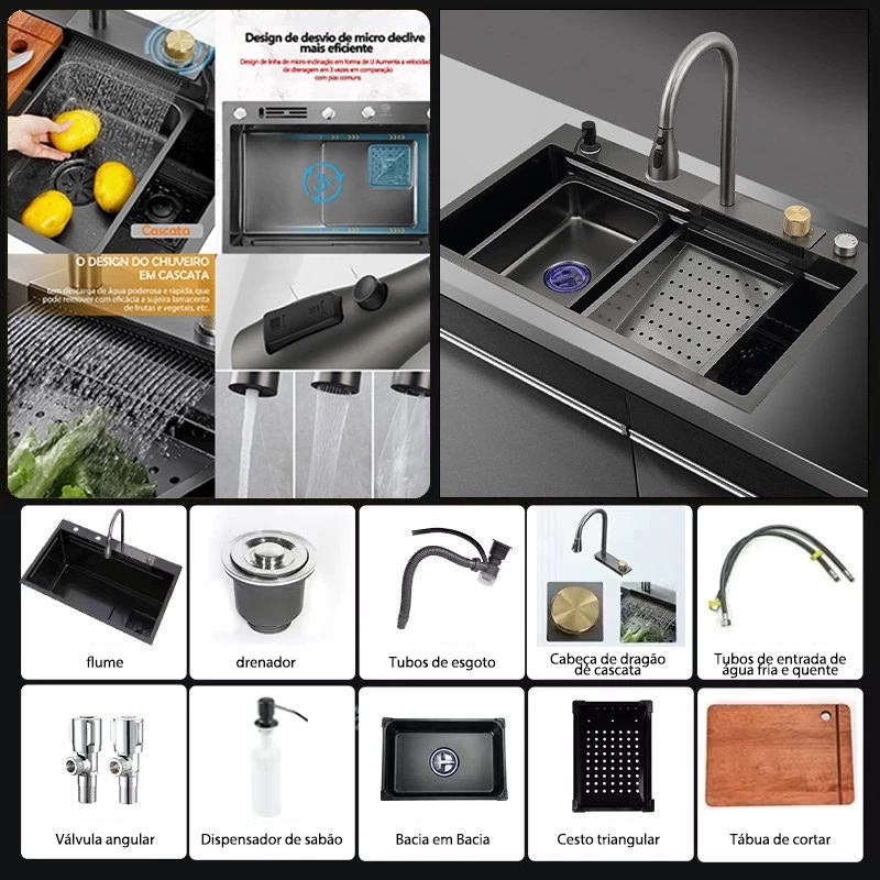 Deluxe Kit Cuba Cozinha De pia Gourmet Aço Inox Com Torneira Saída De água Em Cascata